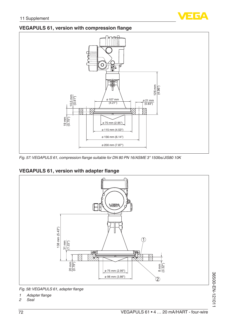 Vegapuls 61, version with compression flange, Vegapuls 61, version with adapter flange | VEGA VEGAPULS 61 (≥ 2.0.0 - ≥ 4.0.0) 4 … 20 mA_HART - four-wire User Manual | Page 72 / 76