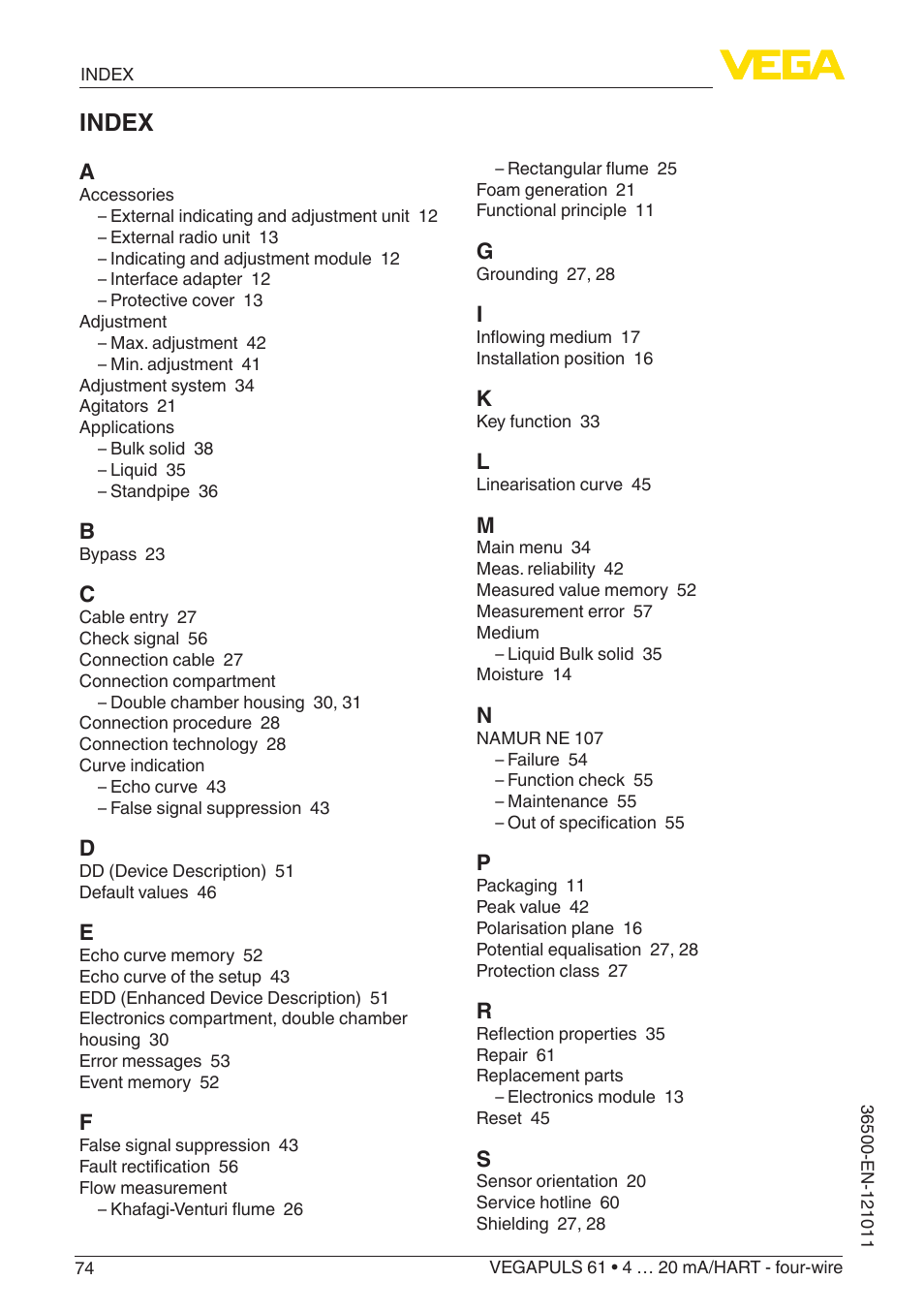 Index | VEGA VEGAPULS 61 (≥ 2.0.0 - ≥ 4.0.0) 4 … 20 mA_HART - four-wire User Manual | Page 74 / 76