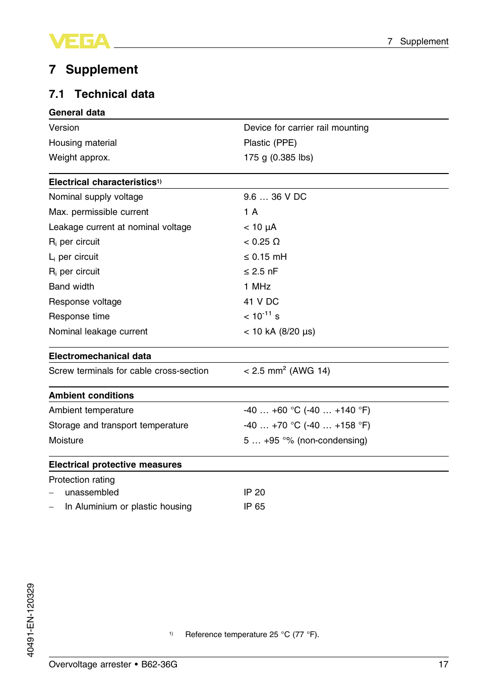 7 supplement, 1 technical data, 7supplement | VEGA B62-36G User Manual | Page 17 / 20