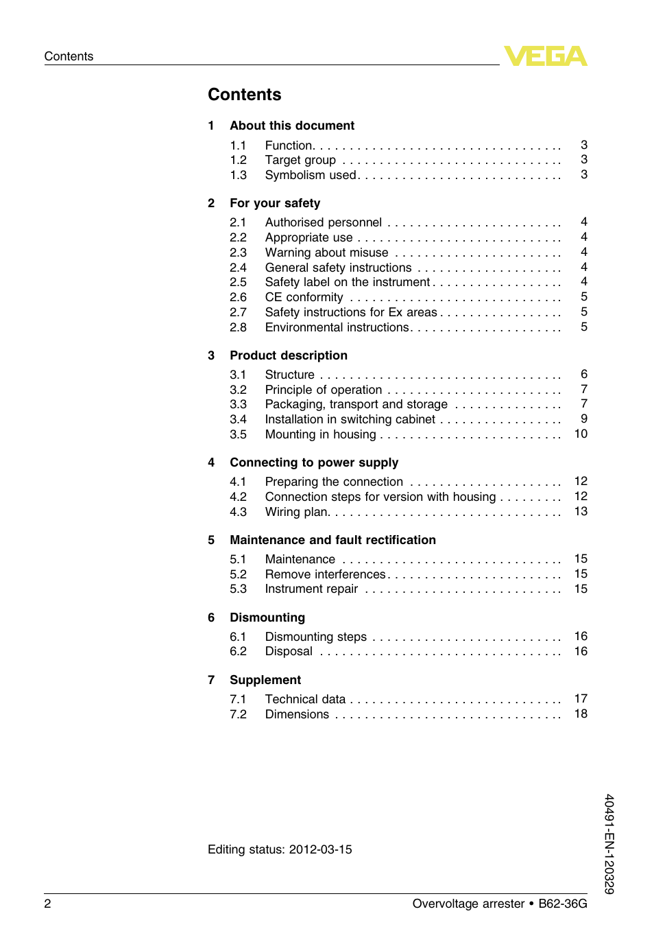 VEGA B62-36G User Manual | Page 2 / 20