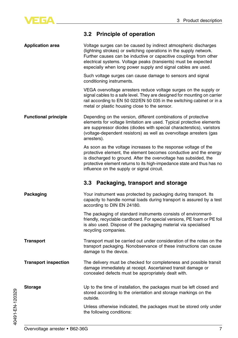 2 principle of operation, 3 packaging, transport and storage | VEGA B62-36G User Manual | Page 7 / 20