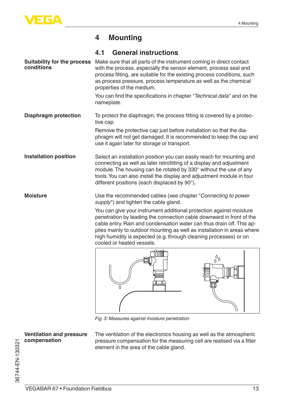 4 mounting, 1 general instructions | VEGA VEGABAR 67 Foundation Fieldbus User Manual | Page 13 / 72