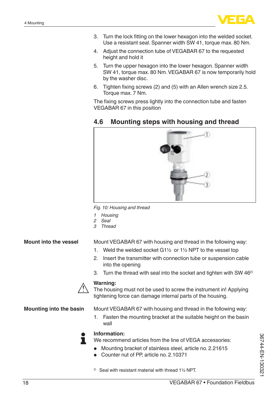 6 mounting steps with housing and thread | VEGA VEGABAR 67 Foundation Fieldbus User Manual | Page 18 / 72