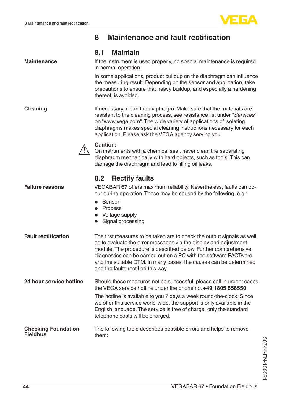 8 maintenance and fault rectification | VEGA VEGABAR 67 Foundation Fieldbus User Manual | Page 44 / 72