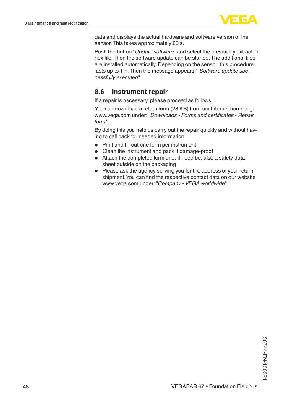 VEGA VEGABAR 67 Foundation Fieldbus User Manual | Page 48 / 72