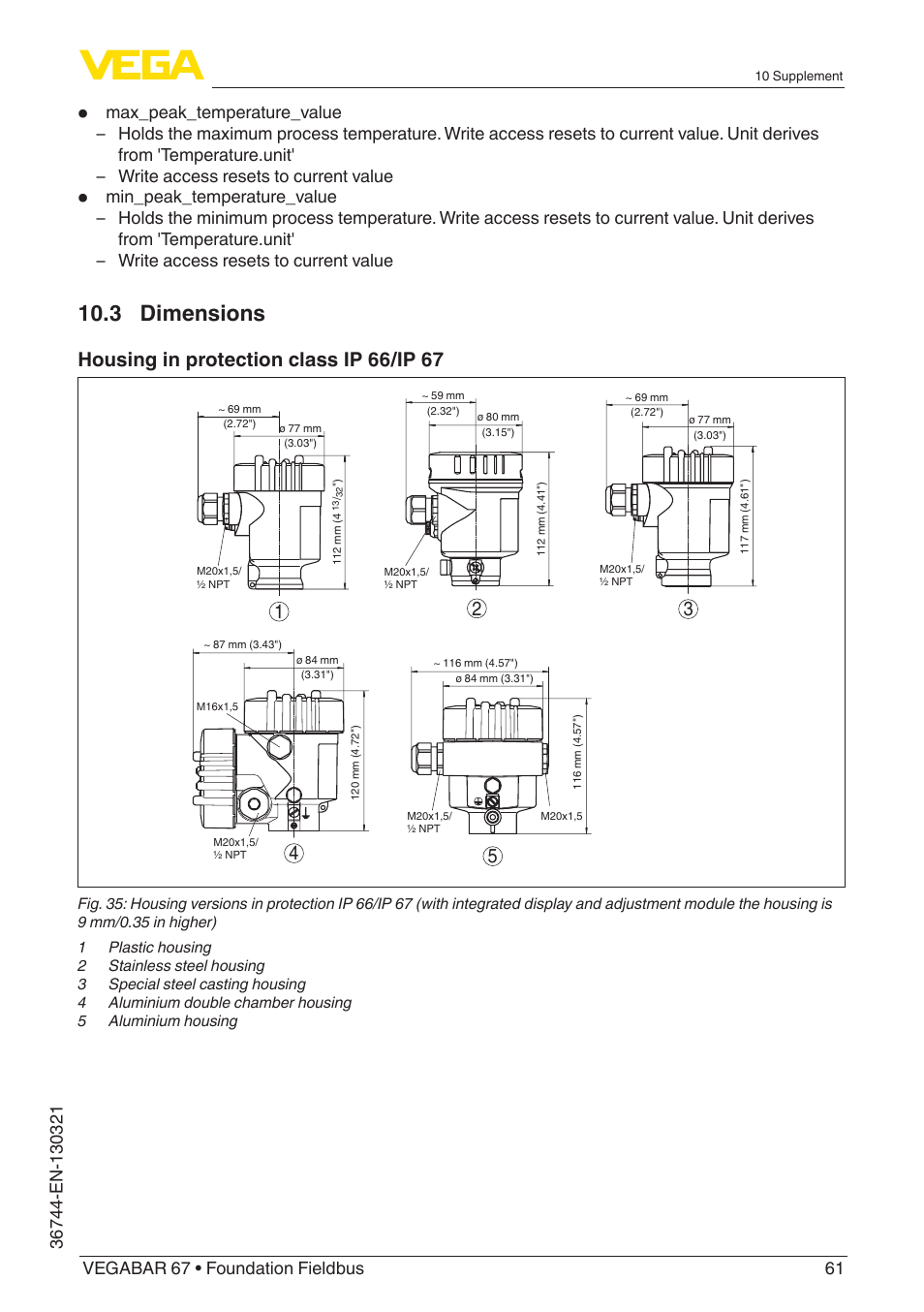 3 dimensions, Housing in protection class ip 66/ip 67 | VEGA VEGABAR 67 Foundation Fieldbus User Manual | Page 61 / 72