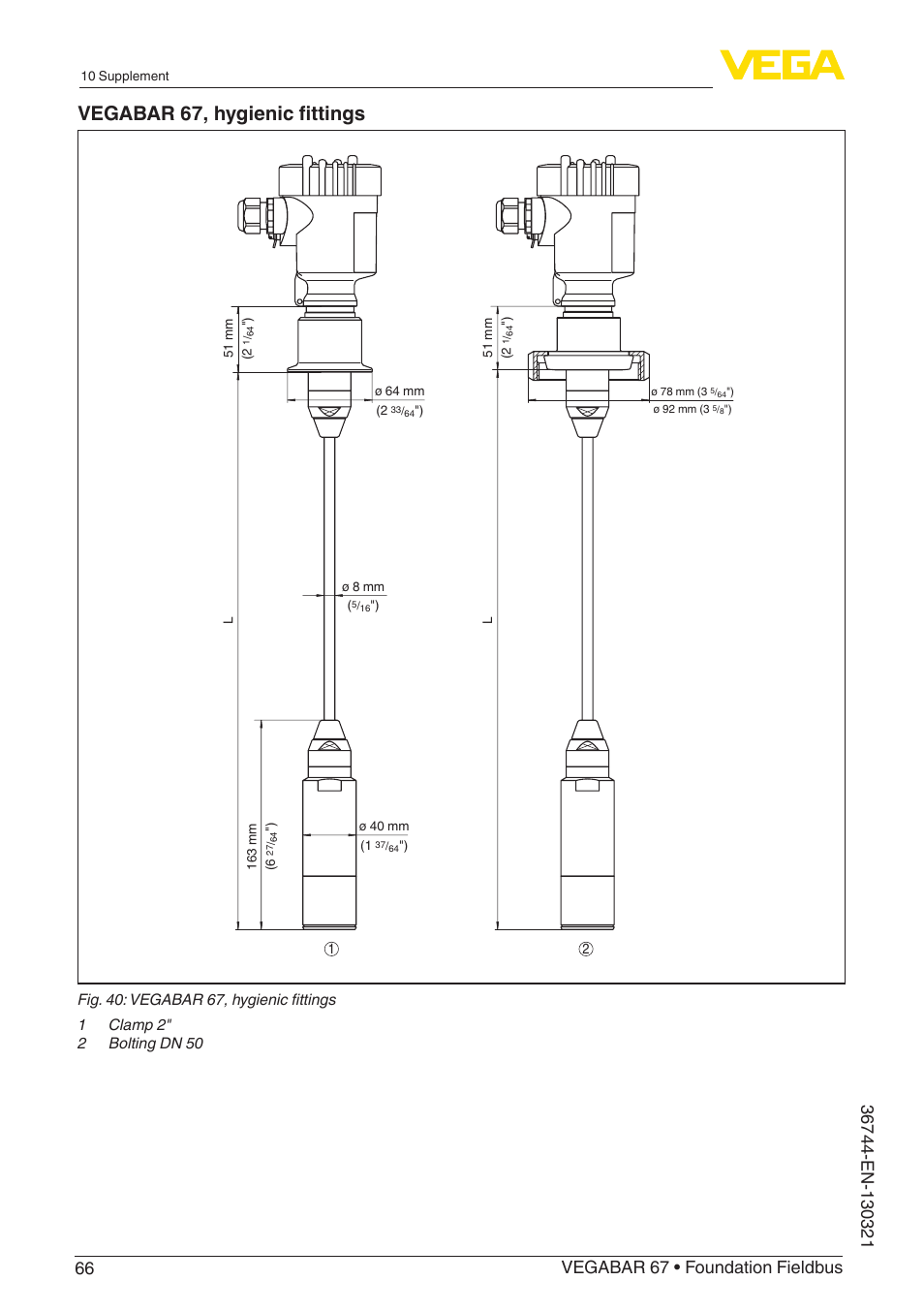 Vegabar 67, hygienic fittings | VEGA VEGABAR 67 Foundation Fieldbus User Manual | Page 66 / 72