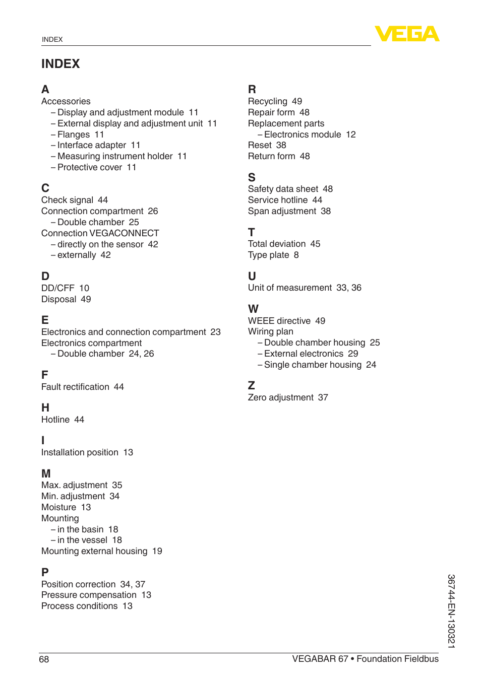 Index | VEGA VEGABAR 67 Foundation Fieldbus User Manual | Page 68 / 72