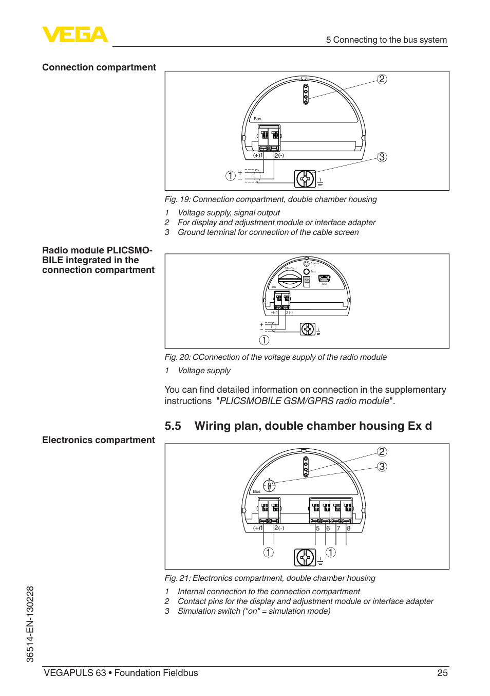 5 wiring plan, double chamber housing ex d, 5 connecting to the bus system | VEGA VEGAPULS 63 (≥ 2.0.0 - ≥ 4.0.0) Foundation Fieldbus User Manual | Page 25 / 84