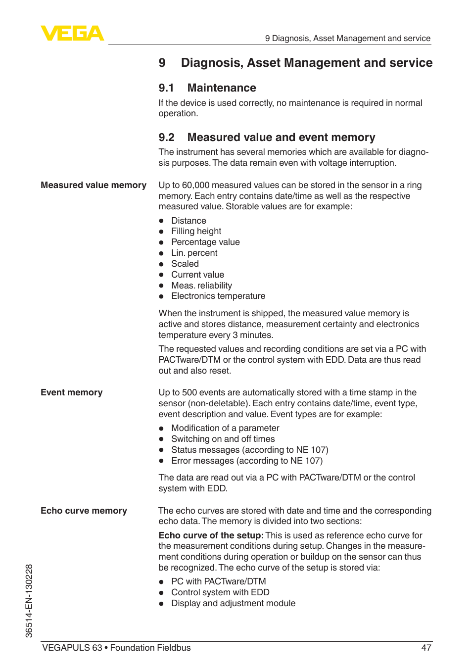 9 diagnosis, asset management and service | VEGA VEGAPULS 63 (≥ 2.0.0 - ≥ 4.0.0) Foundation Fieldbus User Manual | Page 47 / 84