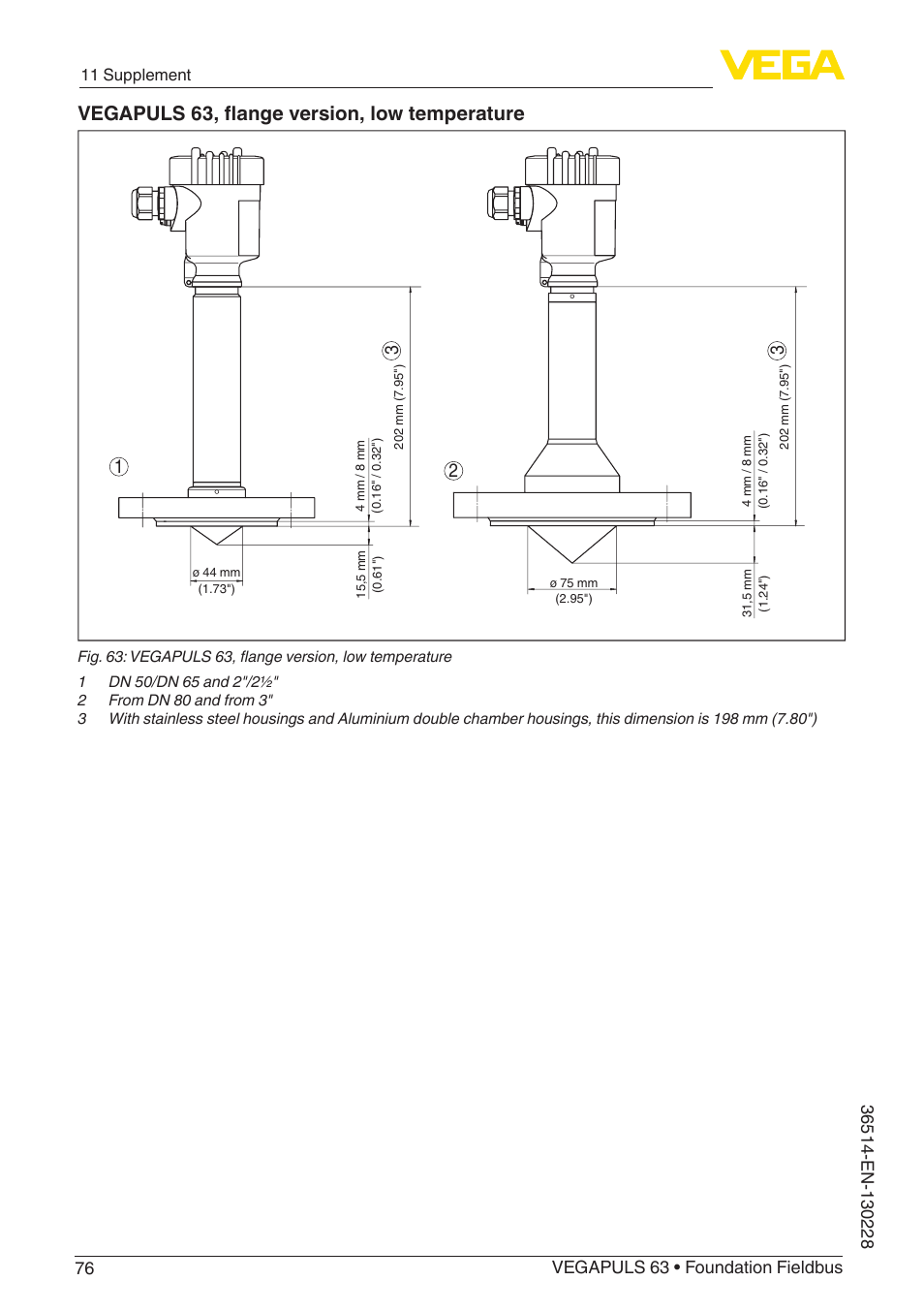 Vegapuls 63, flange version, low temperature | VEGA VEGAPULS 63 (≥ 2.0.0 - ≥ 4.0.0) Foundation Fieldbus User Manual | Page 76 / 84