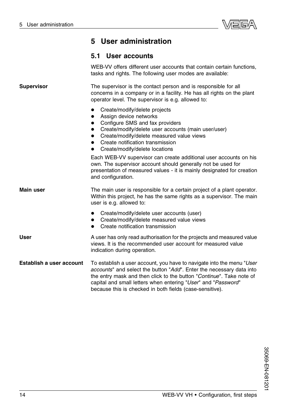 0 user administration, 1 user accounts, 5user administration | VEGA WEB-VV VH User Manual | Page 14 / 24