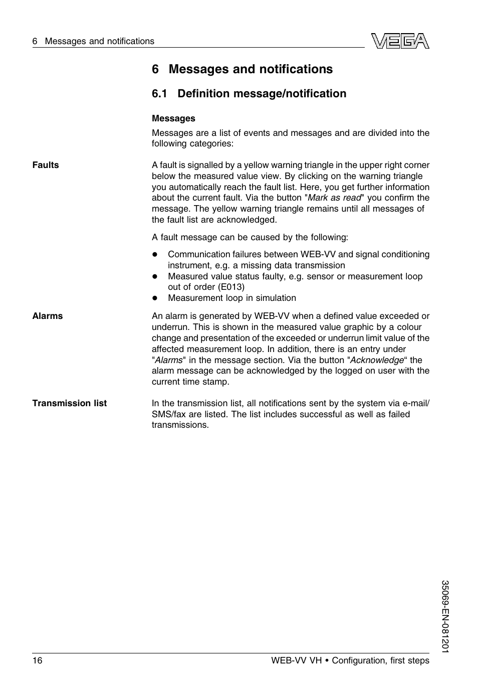 0 messages and notifications, 1 definition message/notification, 6messages and notiﬁcations | 1 deﬁnition message/notiﬁcation | VEGA WEB-VV VH User Manual | Page 16 / 24