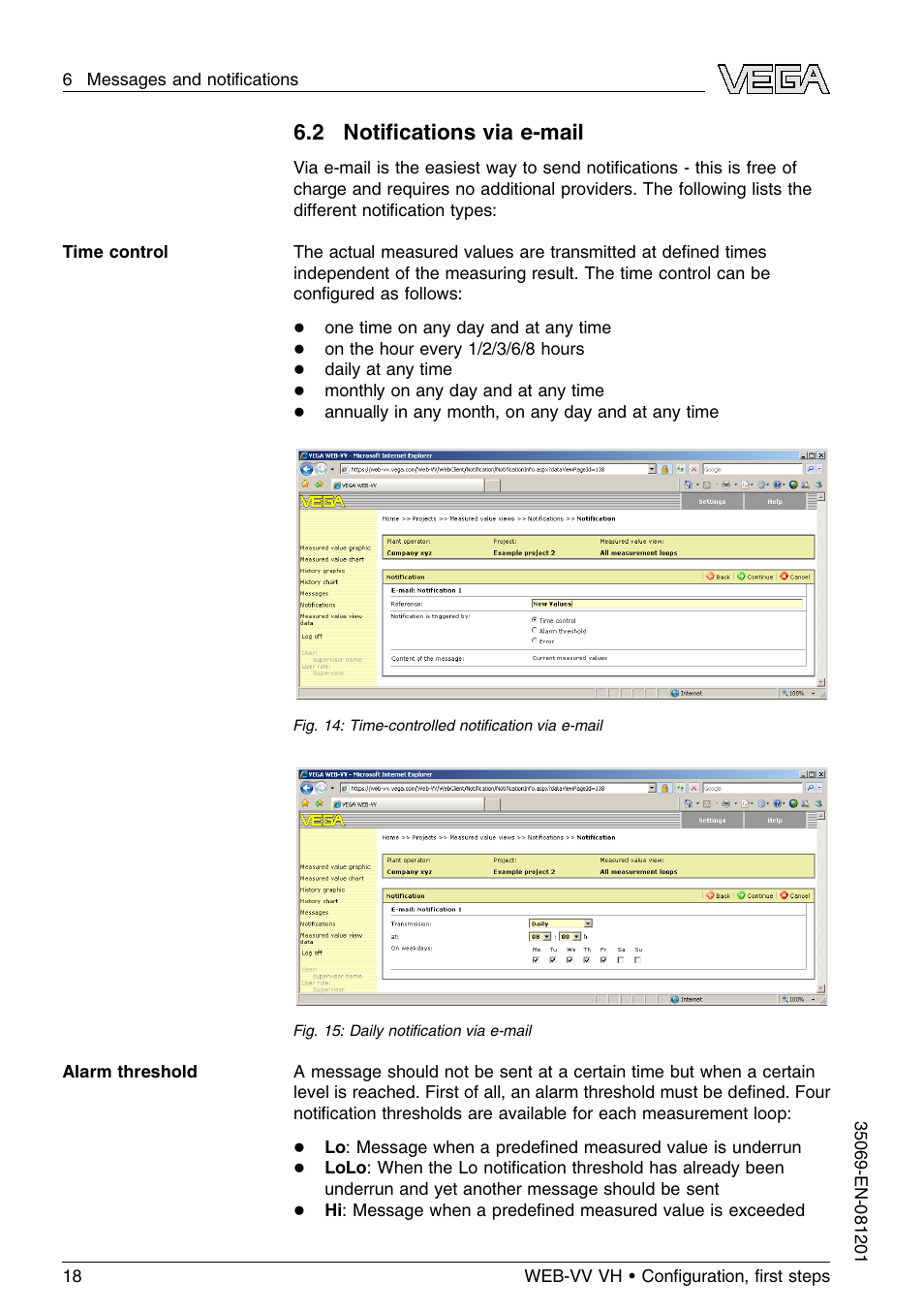 2 notifications via e–mail, 2 notiﬁcations via e-mail | VEGA WEB-VV VH User Manual | Page 18 / 24
