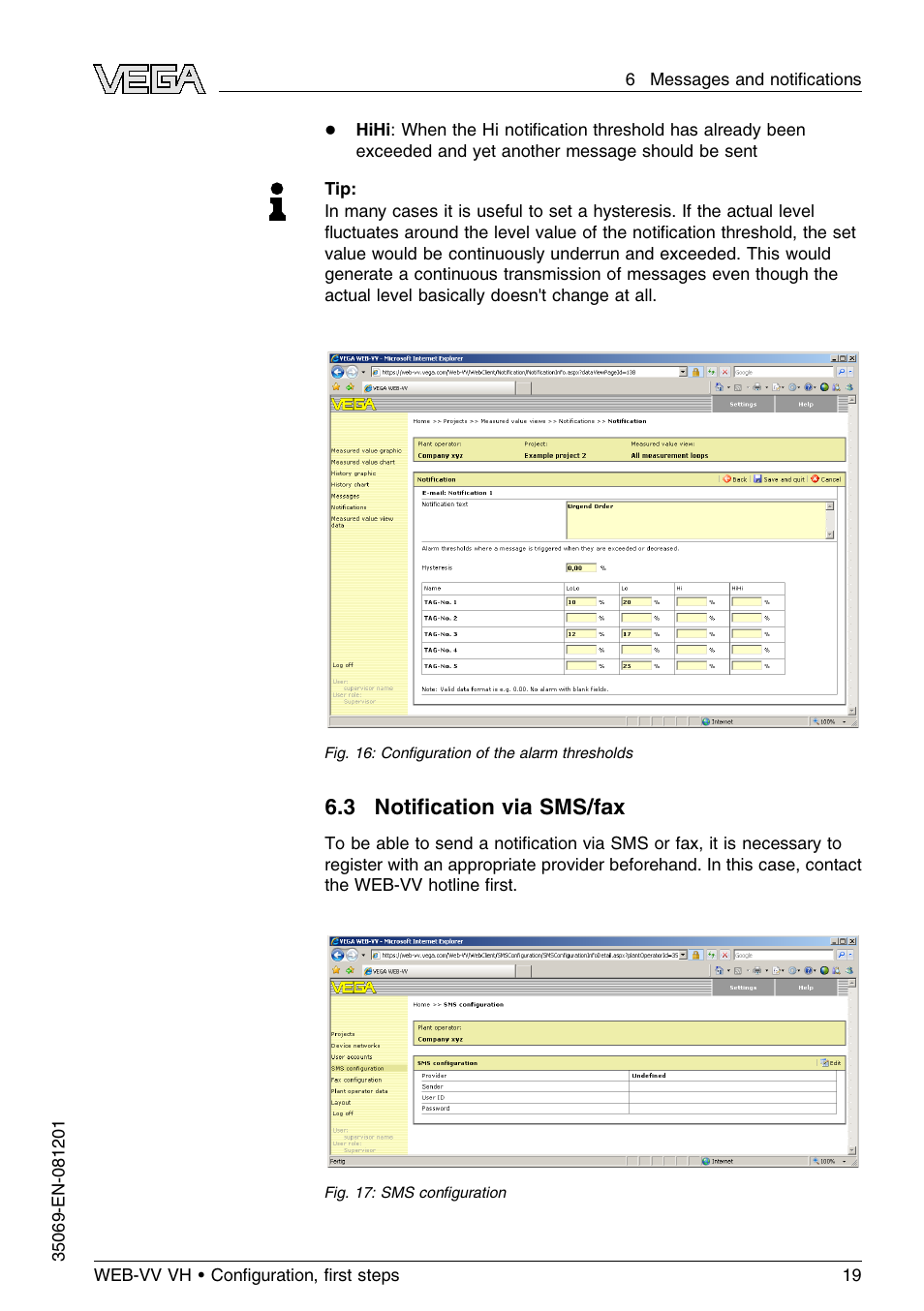 3 notification via sms/fax, 3 notiﬁcation via sms/fax | VEGA WEB-VV VH User Manual | Page 19 / 24