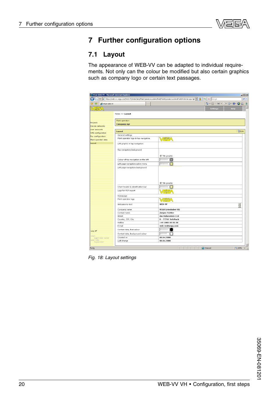 0 further configuration options, 1 layout, 7further conﬁguration options | VEGA WEB-VV VH User Manual | Page 20 / 24