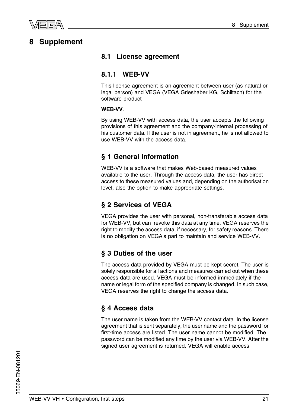 8 supplement, 1 license agreement, 1 web–vv | 8supplement | VEGA WEB-VV VH User Manual | Page 21 / 24