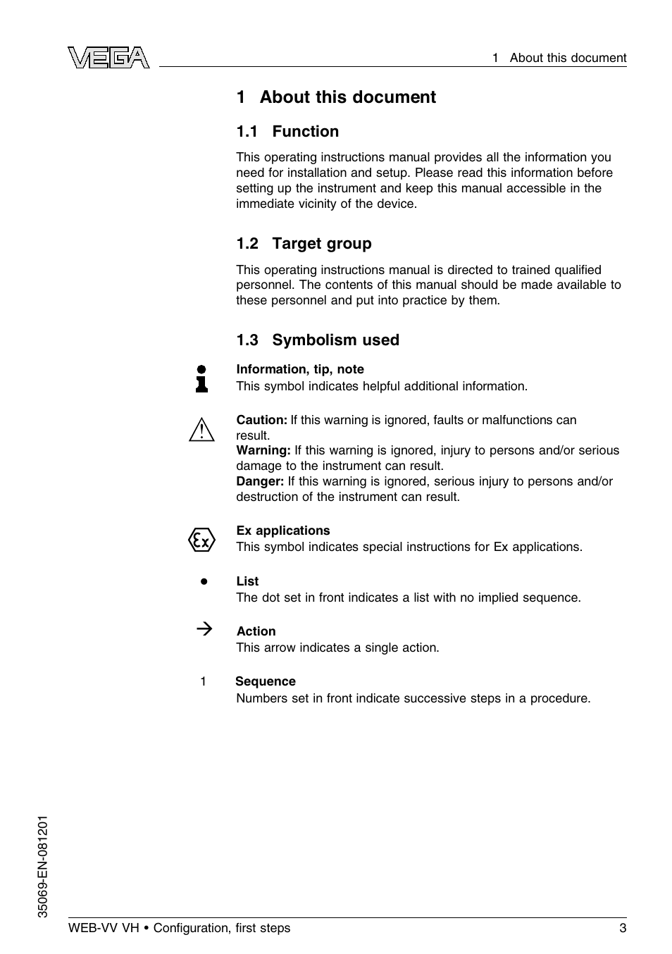 1 about this document, 1 function, 2 target group | 3 symbolism used, 1about this document | VEGA WEB-VV VH User Manual | Page 3 / 24