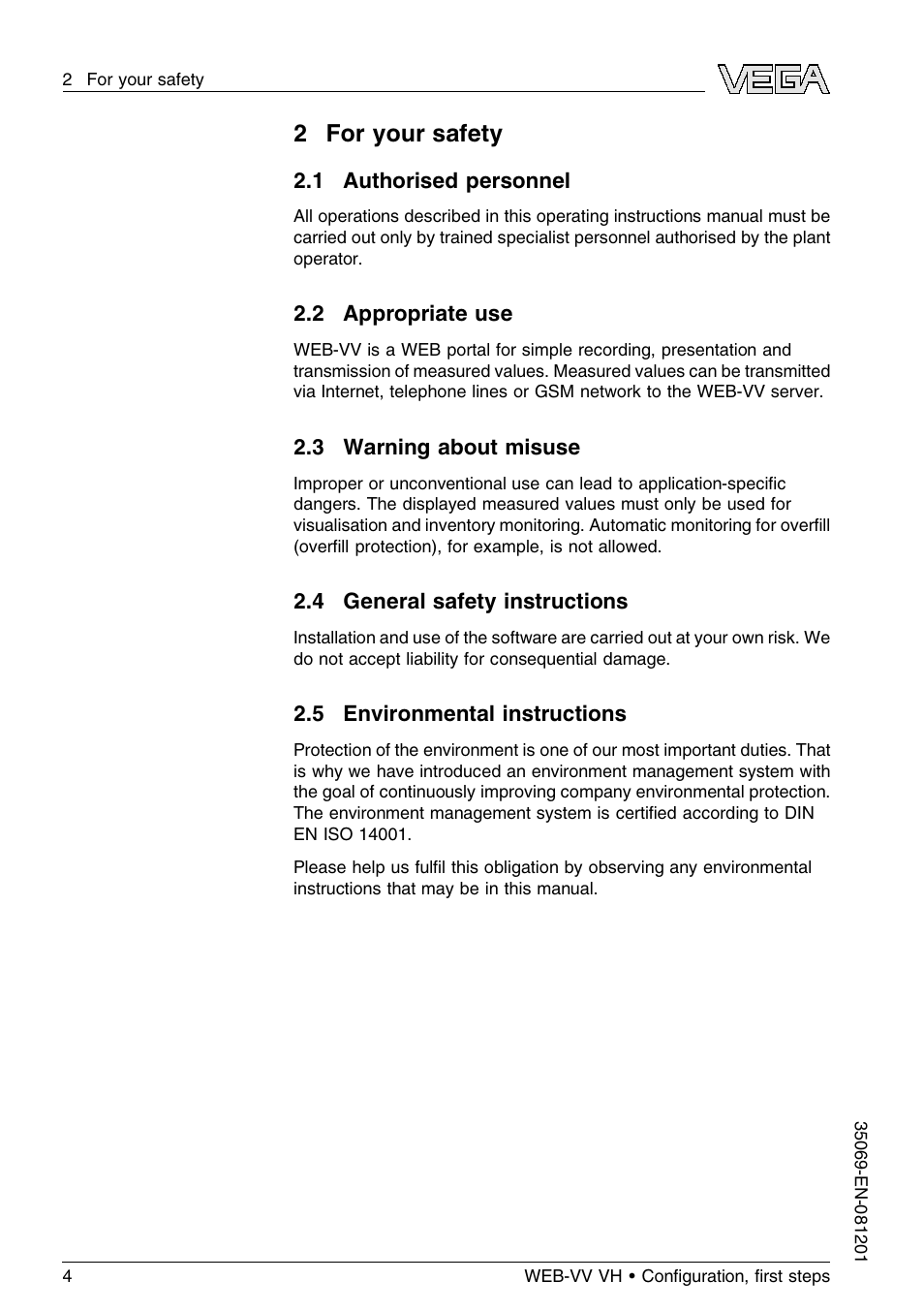 2 for your safety, 1 authorised personnel, 2 appropriate use | 3 warning about misuse, 4 general safety instructions, 5 environmental instructions, 2for your safety | VEGA WEB-VV VH User Manual | Page 4 / 24