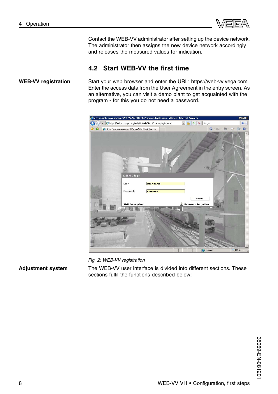 2 start web–vv the first time, 2 start web-vv the ﬁrst time | VEGA WEB-VV VH User Manual | Page 8 / 24