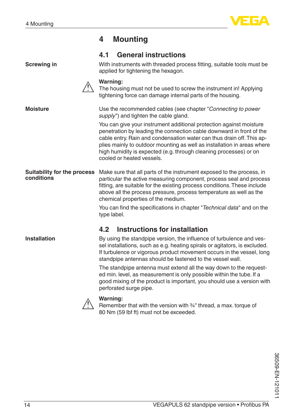 4 mounting, 1 general instructions, 2 instructions for installation | VEGA VEGAPULS 62 (≥ 2.0.0 - ≥ 4.0.0) standpipe ver. Profibus PA User Manual | Page 14 / 64