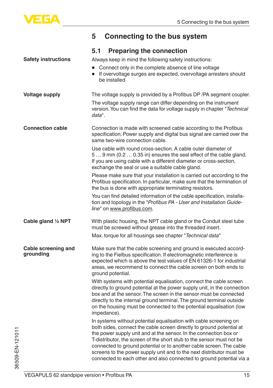 5 connecting to the bus system, 1 preparing the connection | VEGA VEGAPULS 62 (≥ 2.0.0 - ≥ 4.0.0) standpipe ver. Profibus PA User Manual | Page 15 / 64