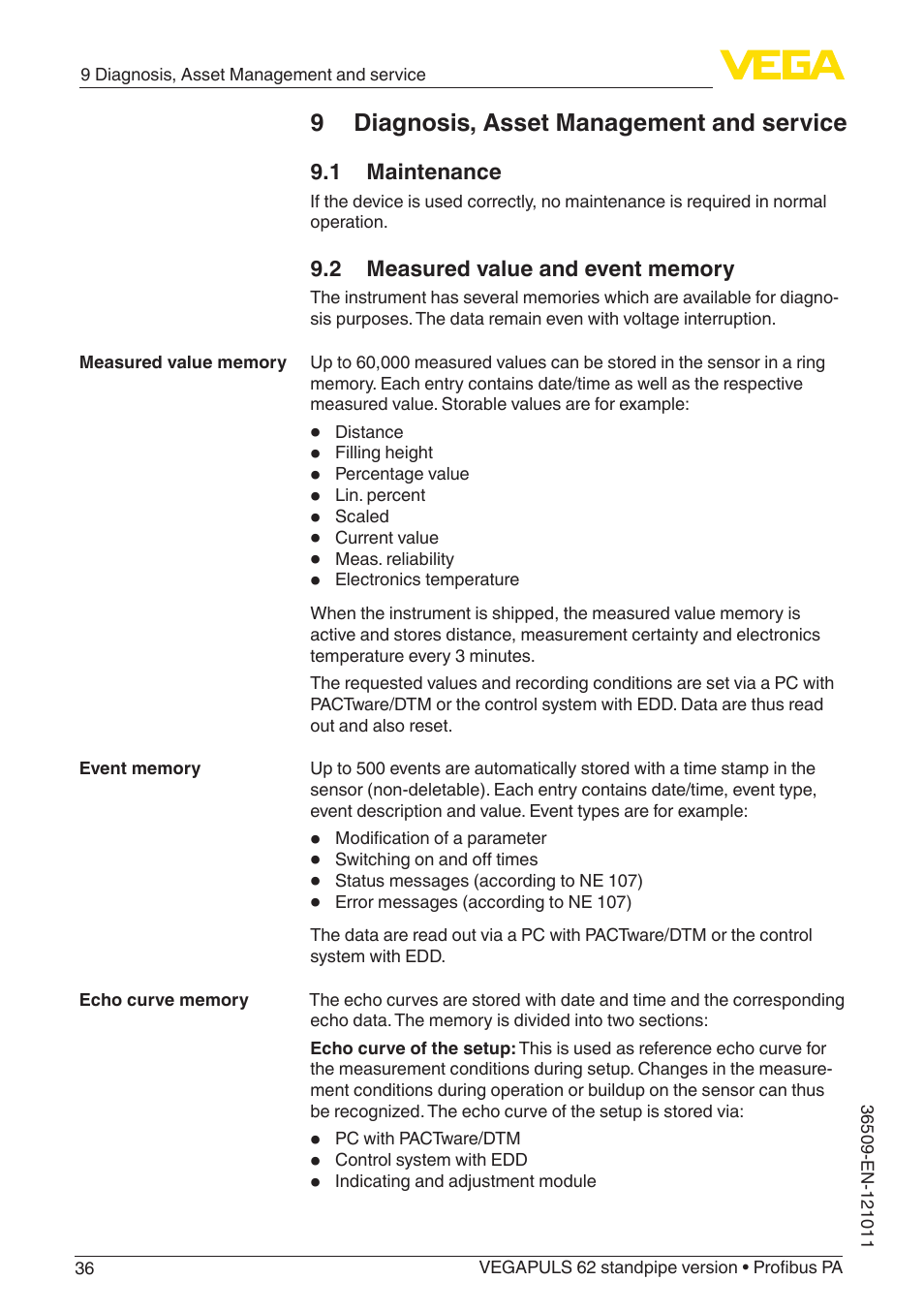 9 diagnosis, asset management and service, 1 maintenance, 2 measured value and event memory | VEGA VEGAPULS 62 (≥ 2.0.0 - ≥ 4.0.0) standpipe ver. Profibus PA User Manual | Page 36 / 64