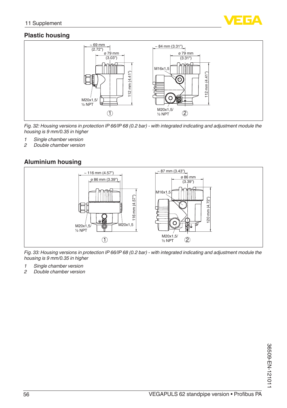 Plastic housing, Aluminium housing | VEGA VEGAPULS 62 (≥ 2.0.0 - ≥ 4.0.0) standpipe ver. Profibus PA User Manual | Page 56 / 64