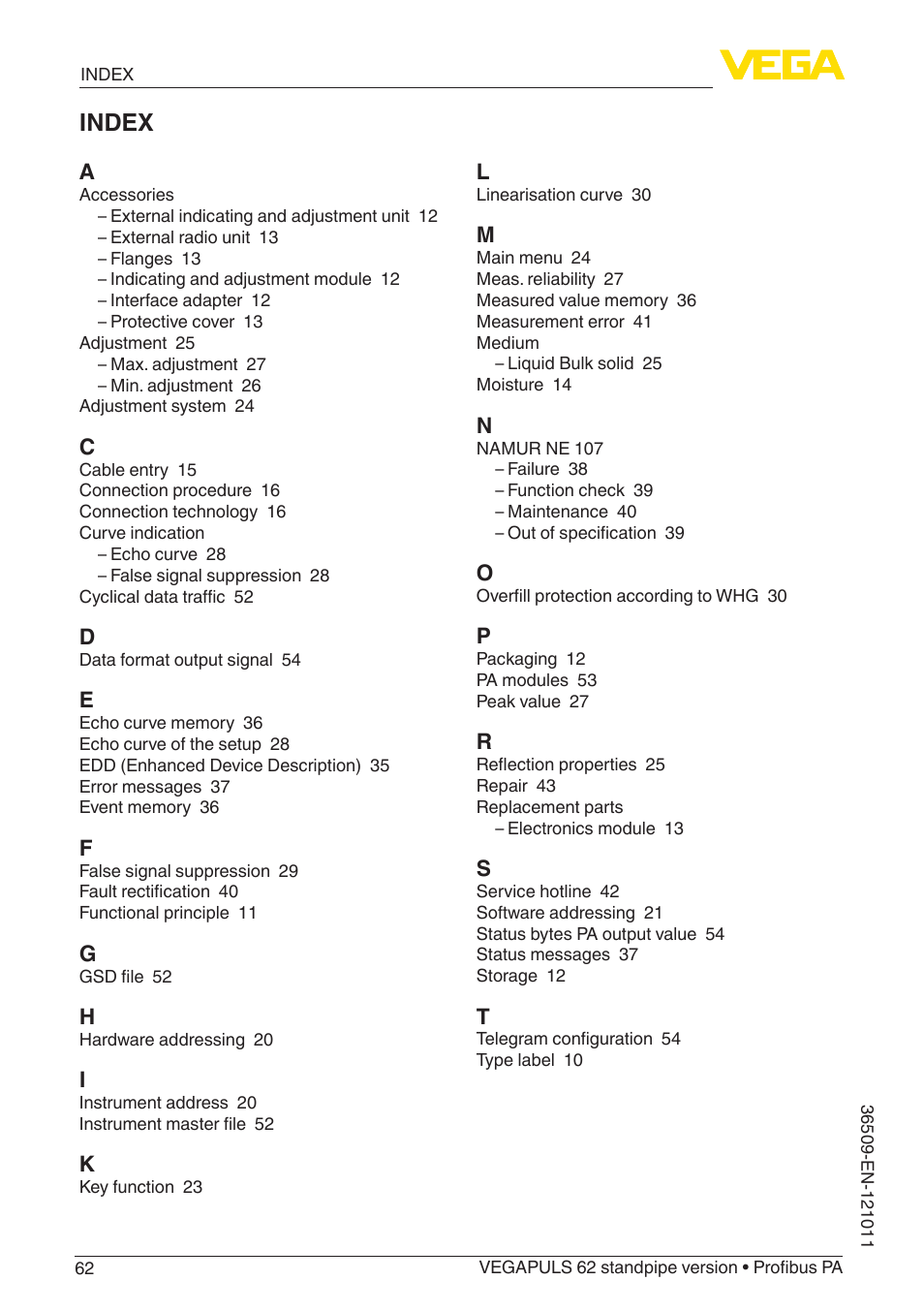 Index | VEGA VEGAPULS 62 (≥ 2.0.0 - ≥ 4.0.0) standpipe ver. Profibus PA User Manual | Page 62 / 64