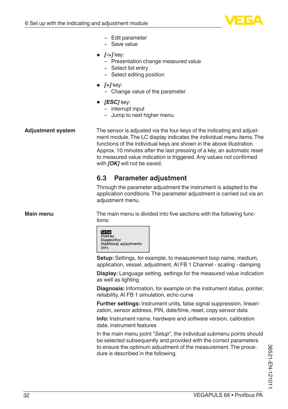 3 parameter adjustment | VEGA VEGAPULS 66 (≥ 2.0.0 - ≥ 4.0.0) Profibus PA User Manual | Page 32 / 80