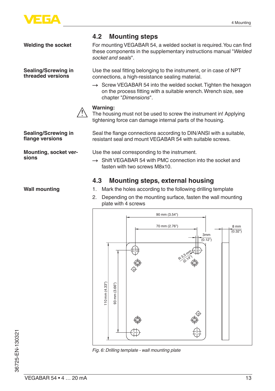 2 mounting steps, 3 mounting steps, external housing | VEGA VEGABAR 54 4 … 20 mA User Manual | Page 13 / 76