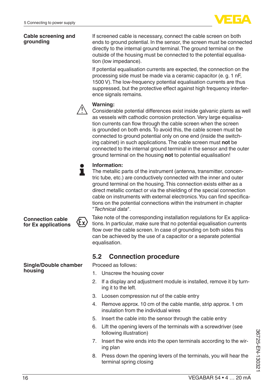 2 connection procedure | VEGA VEGABAR 54 4 … 20 mA User Manual | Page 16 / 76