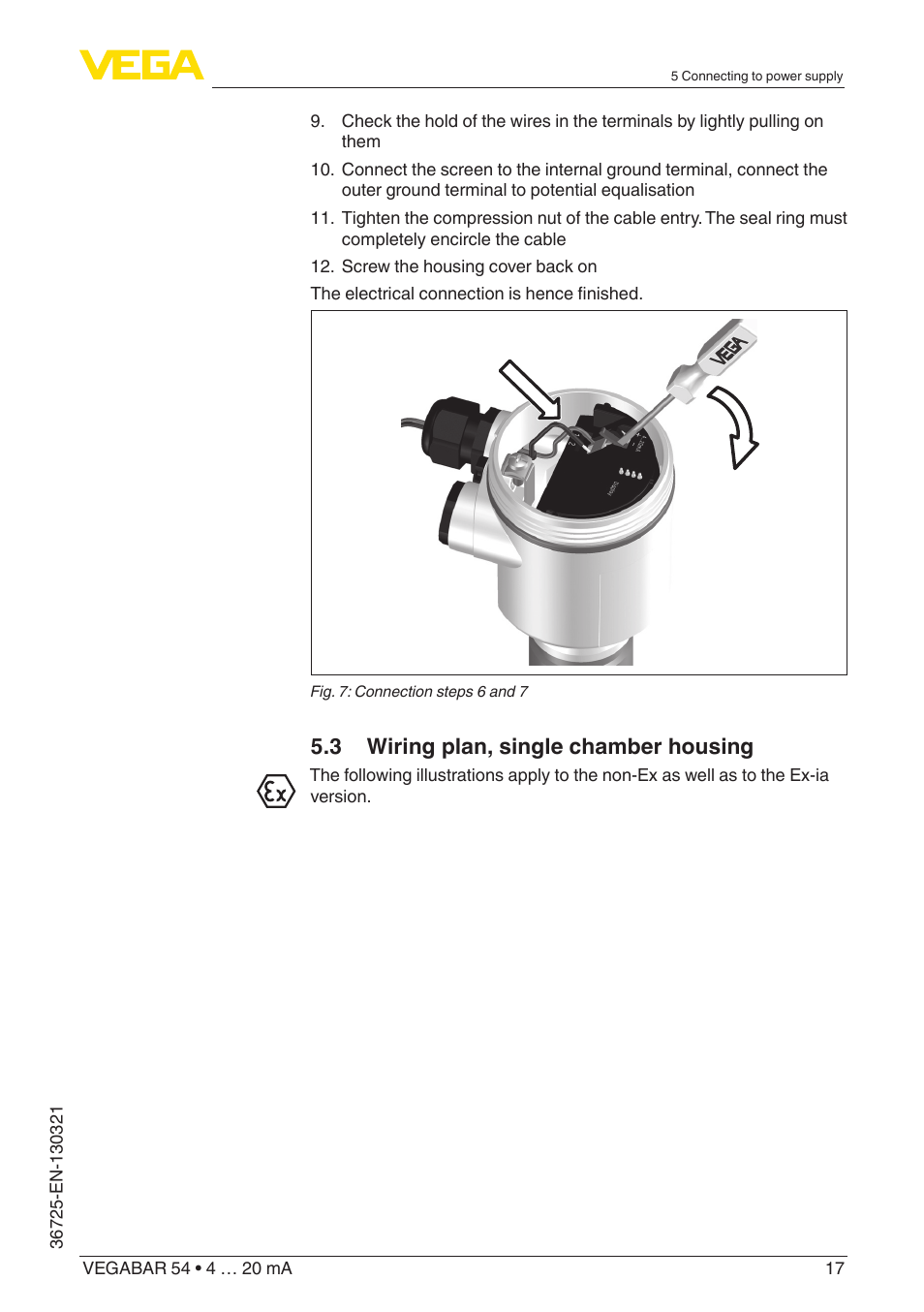 3 wiring plan, single chamber housing | VEGA VEGABAR 54 4 … 20 mA User Manual | Page 17 / 76