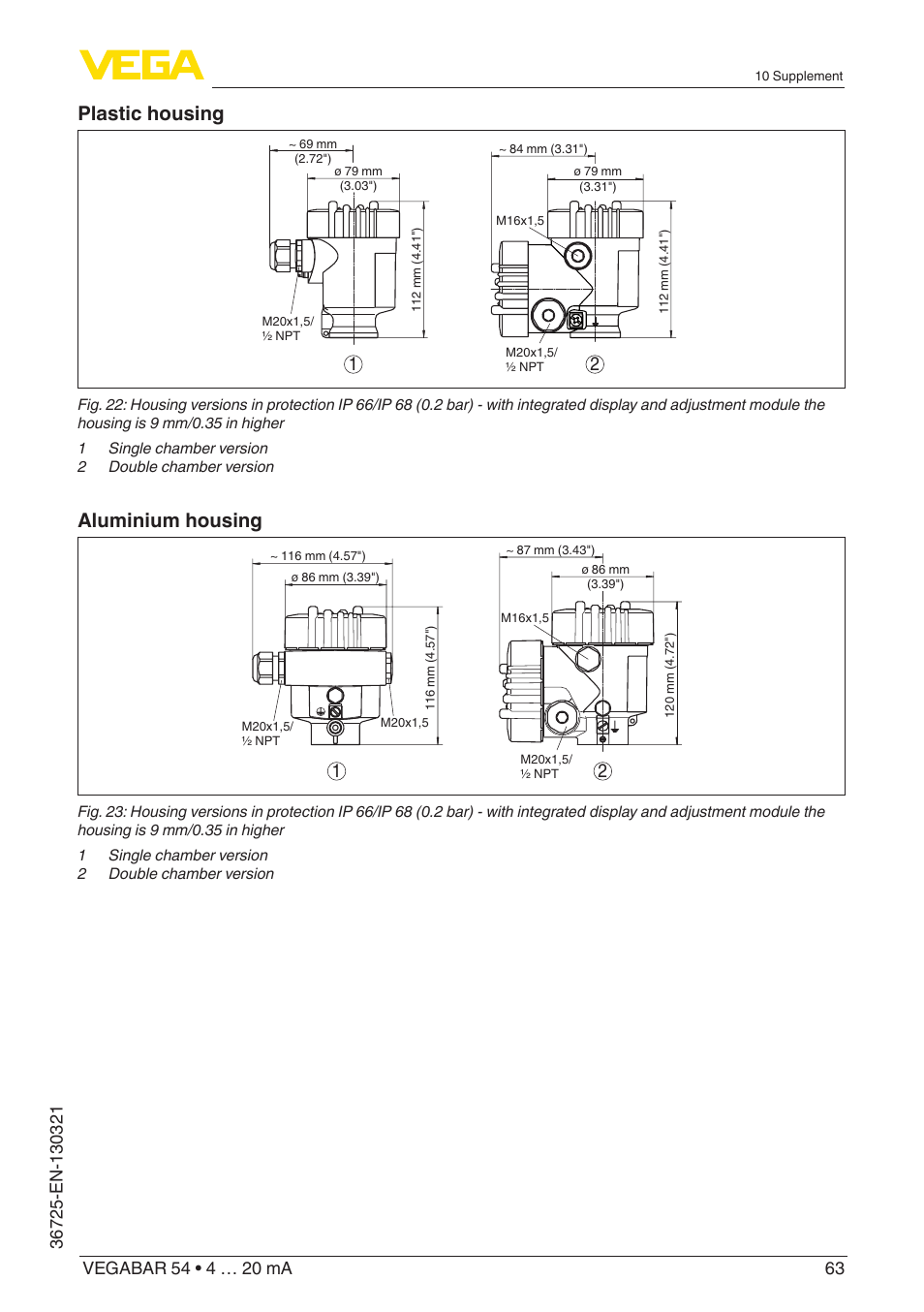 Plastic housing, Aluminium housing | VEGA VEGABAR 54 4 … 20 mA User Manual | Page 63 / 76