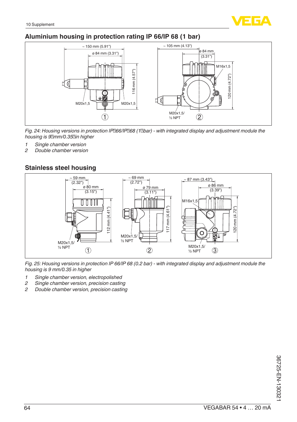 Stainless steel housing | VEGA VEGABAR 54 4 … 20 mA User Manual | Page 64 / 76