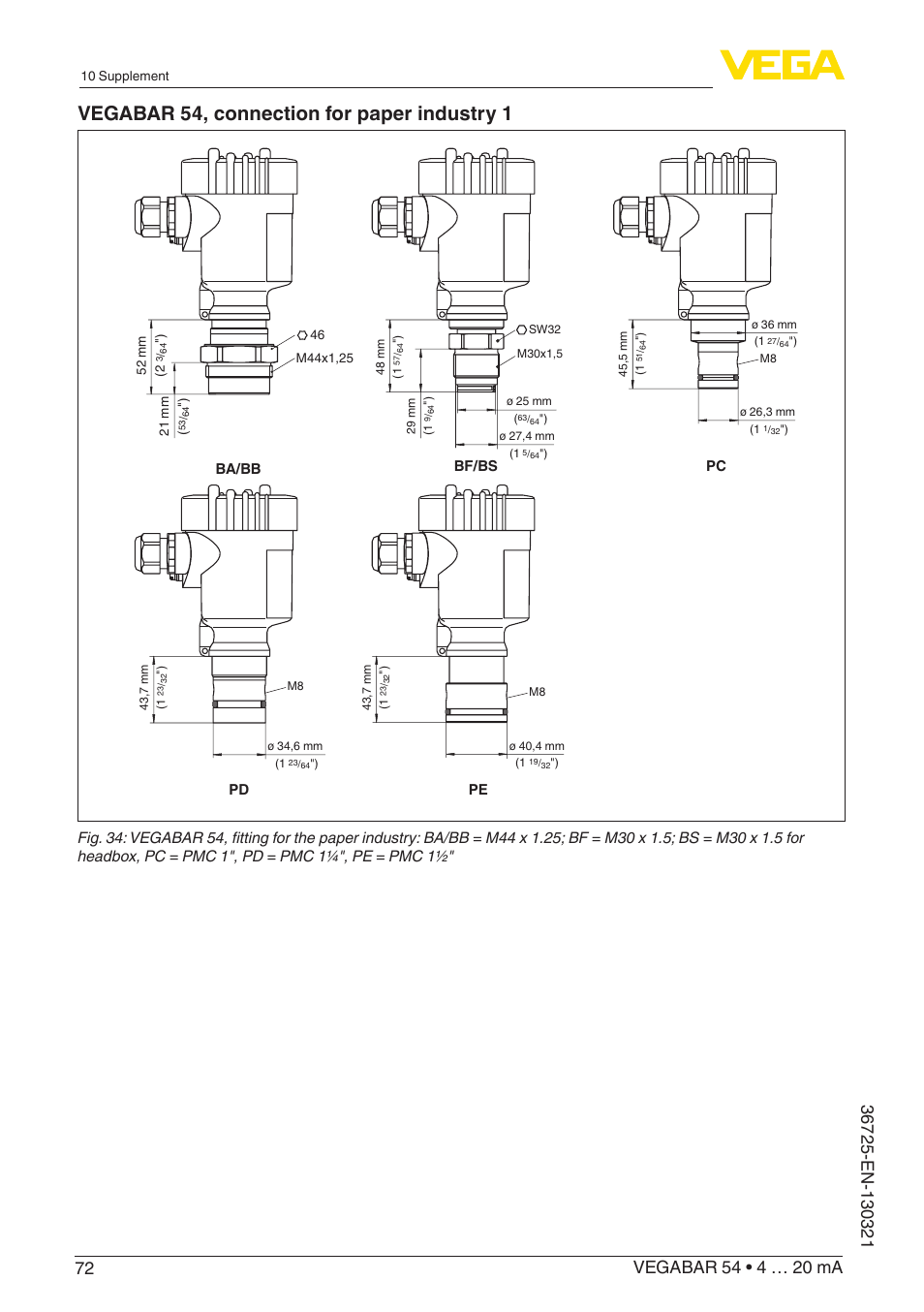 Vegabar 54, connection for paper industry 1, Pc pd pe, Bf/bs ba/bb | VEGA VEGABAR 54 4 … 20 mA User Manual | Page 72 / 76