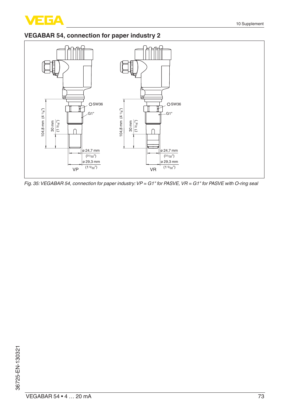 Vegabar 54, connection for paper industry 2, Vp vr | VEGA VEGABAR 54 4 … 20 mA User Manual | Page 73 / 76