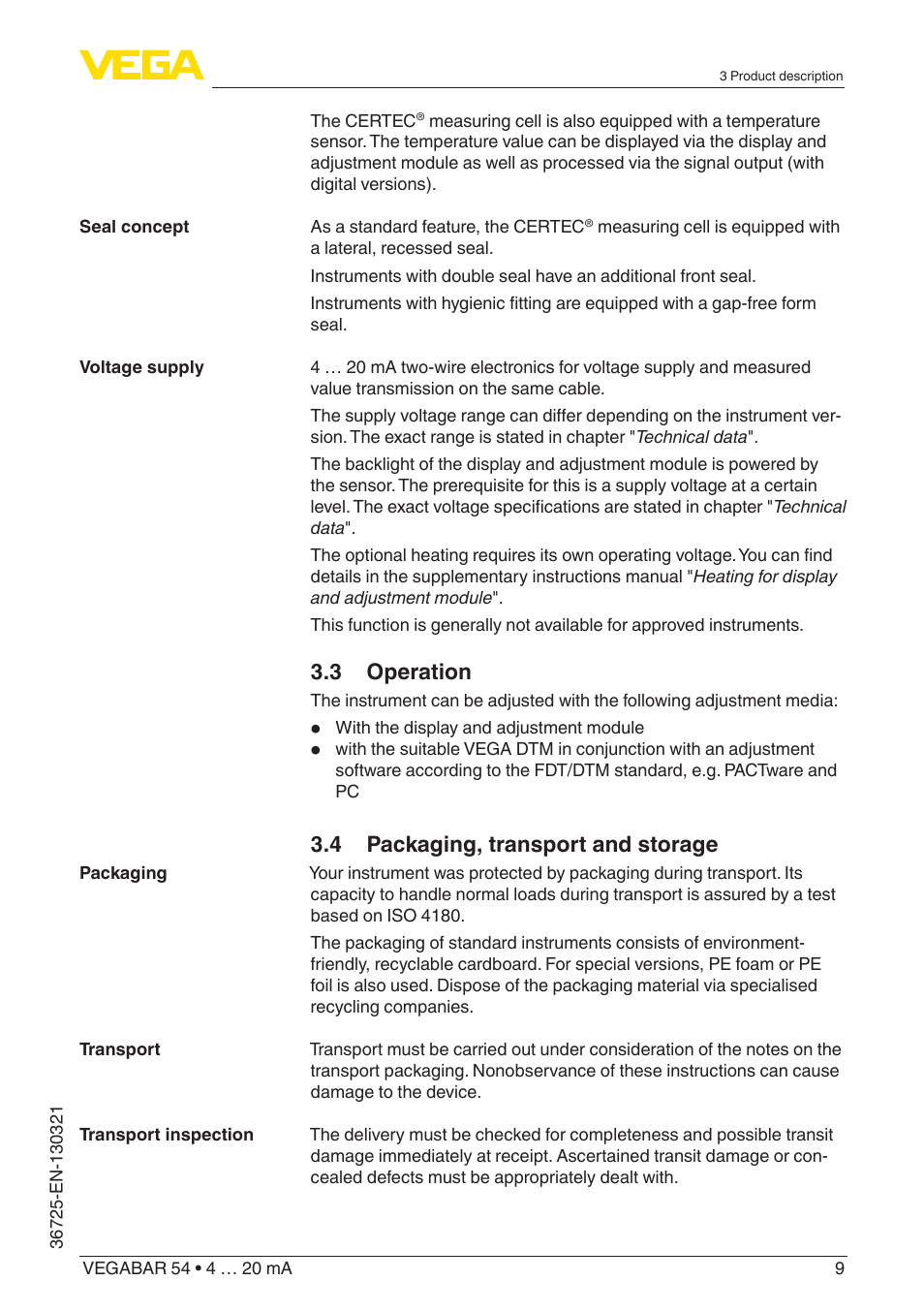 3 operation, 4 packaging, transport and storage | VEGA VEGABAR 54 4 … 20 mA User Manual | Page 9 / 76