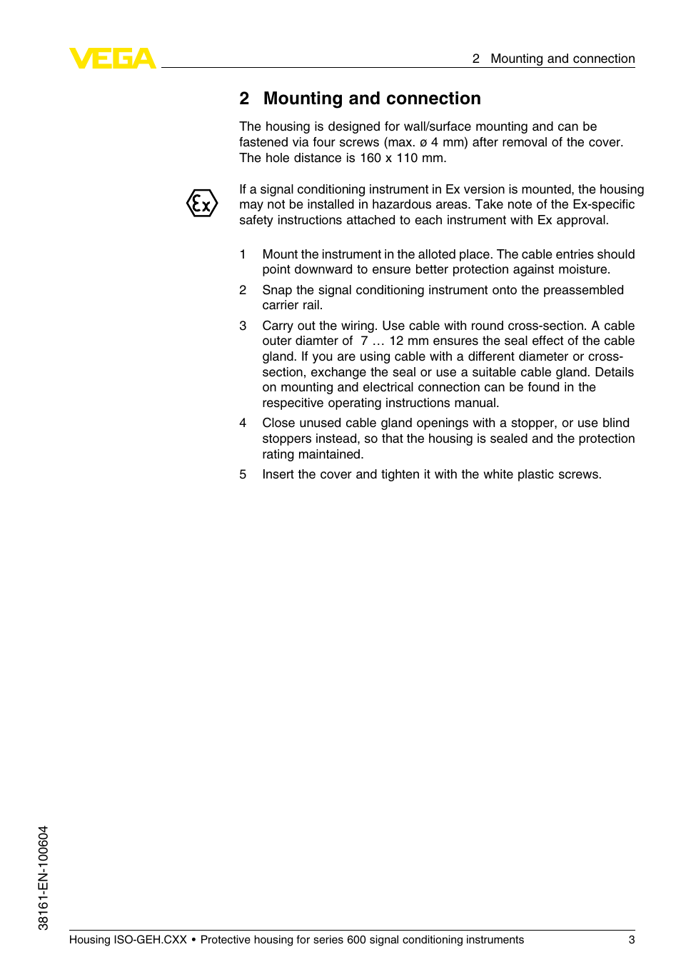 2 mounting and connection, 2mounting and connection | VEGA Housing ISO-GEH.CXX for series 600 signal conditioning instruments User Manual | Page 3 / 8