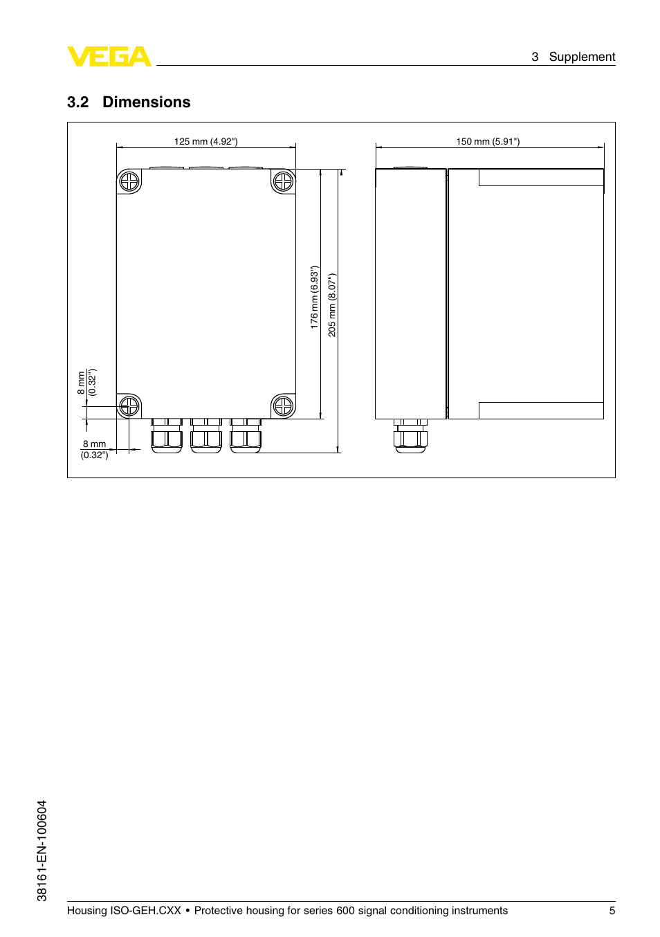 2 dimensions | VEGA Housing ISO-GEH.CXX for series 600 signal conditioning instruments User Manual | Page 5 / 8