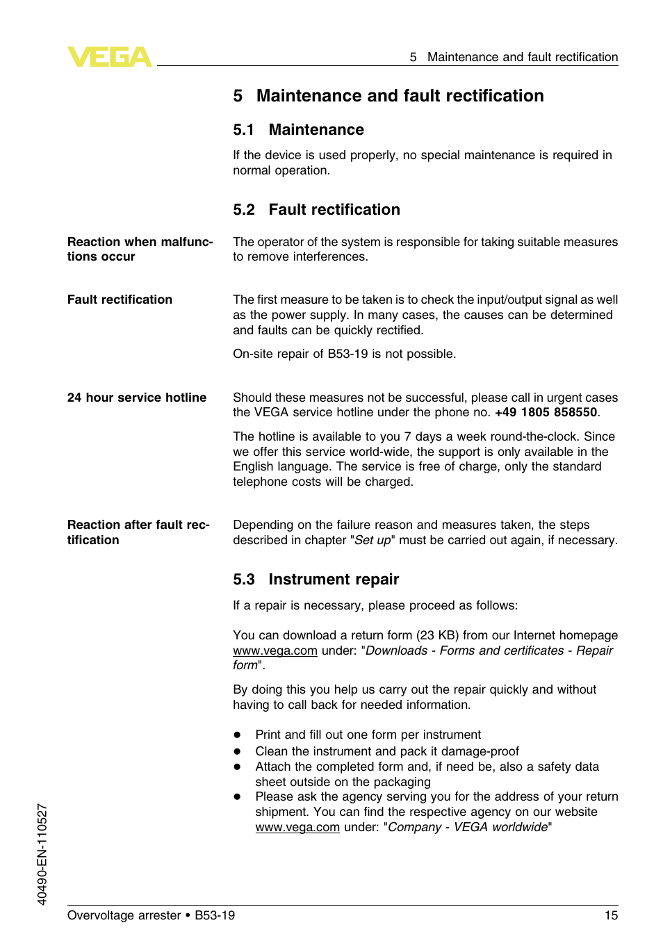 5 maintenance and fault rectification, 1 maintenance, 2 fault rectification | 3 instrument repair, 5maintenance and fault rectiﬁcation | VEGA B53-19 User Manual | Page 15 / 20