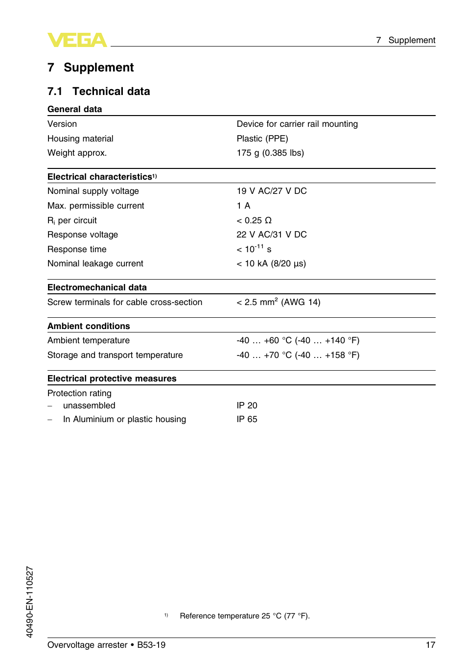 7 supplement, 1 technical data, 7supplement | VEGA B53-19 User Manual | Page 17 / 20