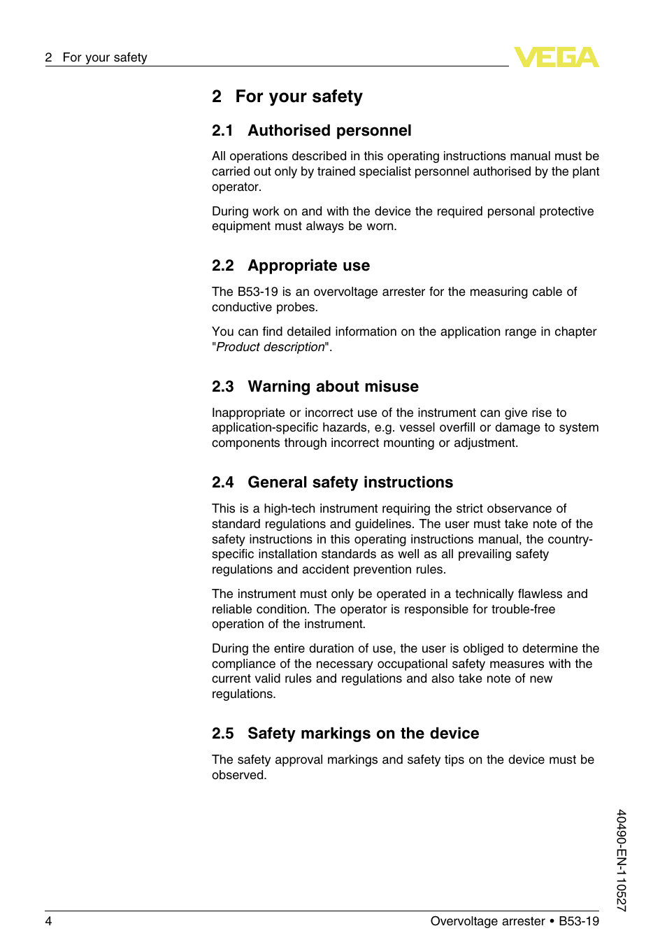 2 for your safety, 1 authorised personnel, 2 appropriate use | 3 warning about misuse, 4 general safety instructions, 5 safety markings on the device, 2for your safety | VEGA B53-19 User Manual | Page 4 / 20
