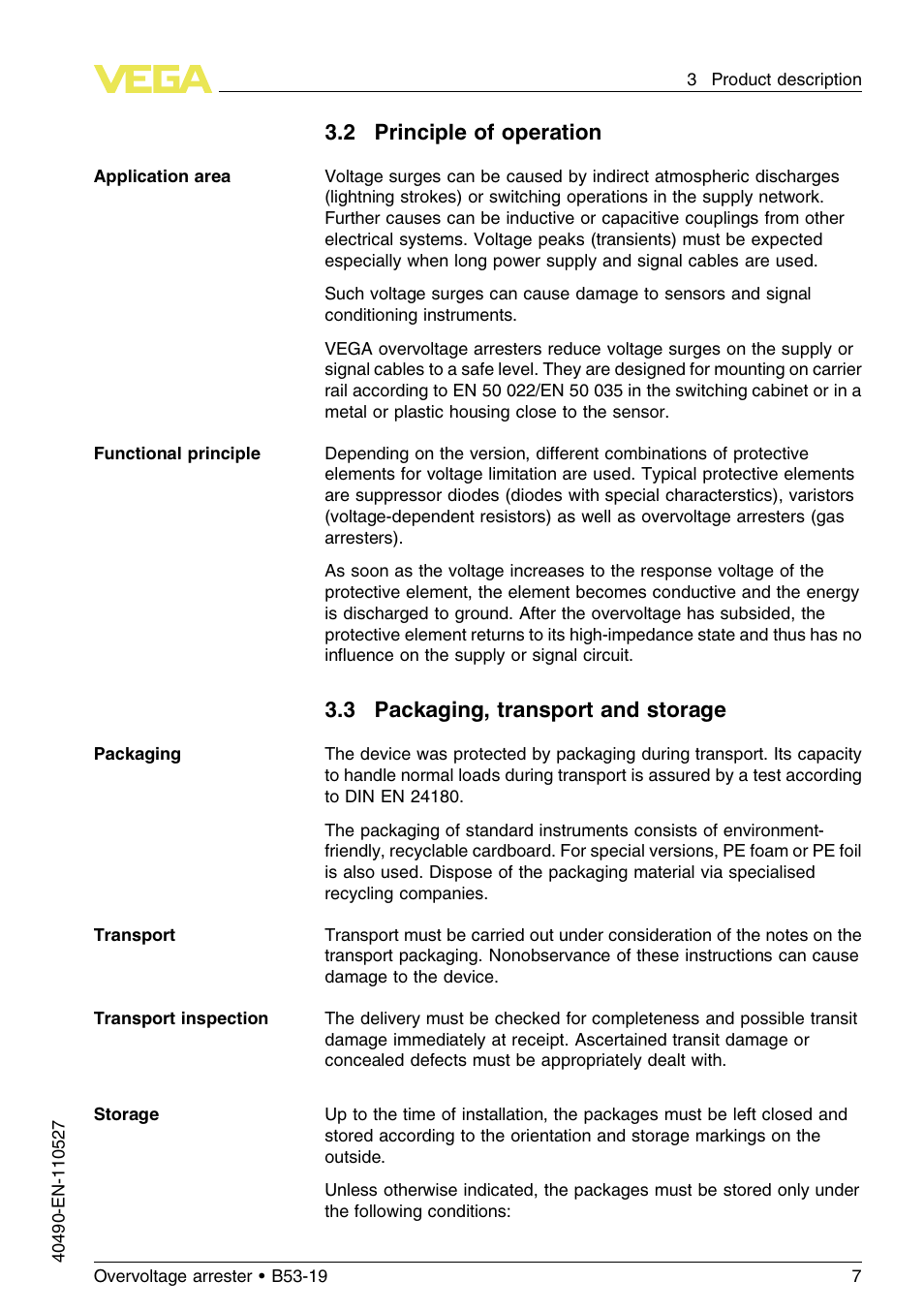 2 principle of operation, 3 packaging, transport and storage | VEGA B53-19 User Manual | Page 7 / 20