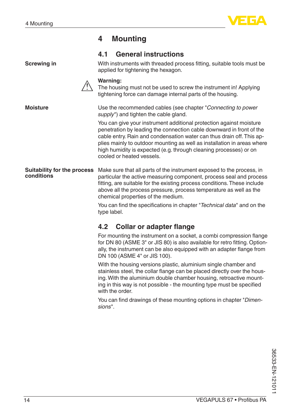 4 mounting, 1 general instructions, 2 collar or adapter flange | VEGA VEGAPULS 67 (≥ 2.0.0 - ≥ 4.0.0) Profibus PA User Manual | Page 14 / 80