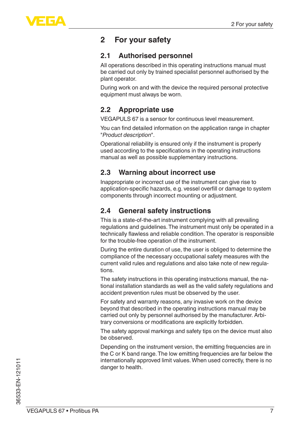 2 for your safety, 1 authorised personnel, 2 appropriate use | 3 warning about incorrect use, 4 general safety instructions | VEGA VEGAPULS 67 (≥ 2.0.0 - ≥ 4.0.0) Profibus PA User Manual | Page 7 / 80