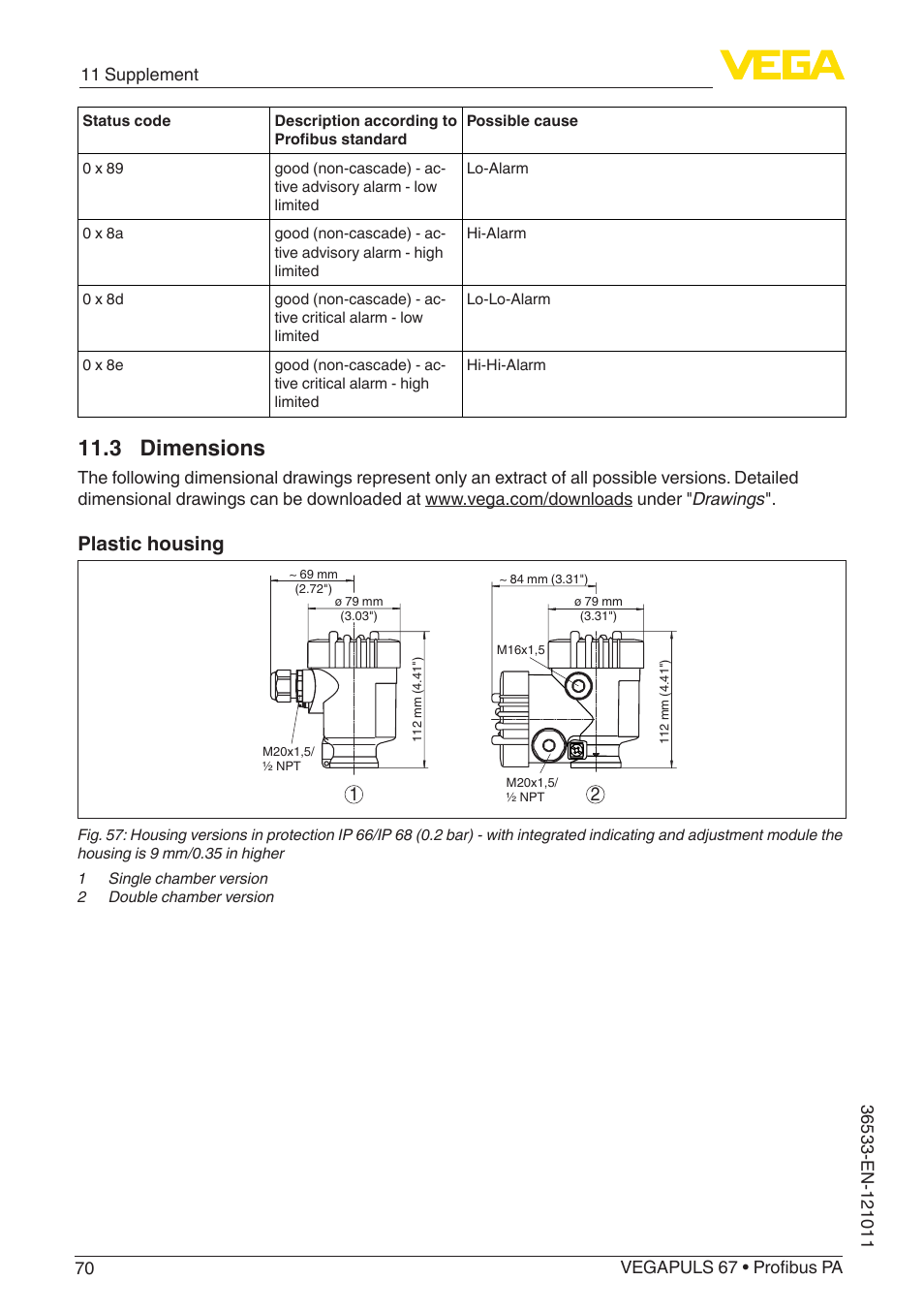 3 dimensions, Plastic housing | VEGA VEGAPULS 67 (≥ 2.0.0 - ≥ 4.0.0) Profibus PA User Manual | Page 70 / 80