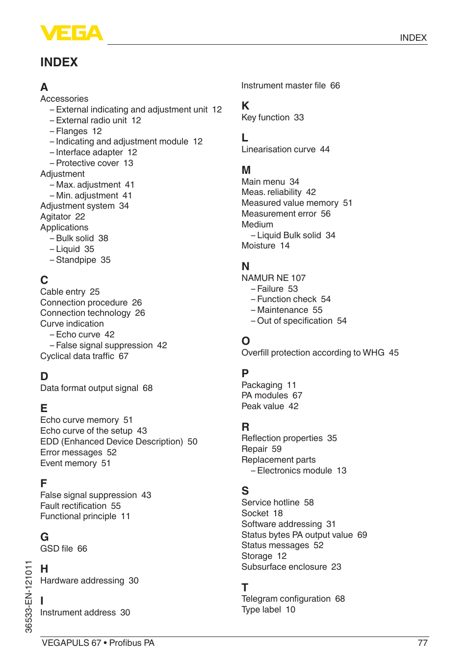 Index | VEGA VEGAPULS 67 (≥ 2.0.0 - ≥ 4.0.0) Profibus PA User Manual | Page 77 / 80