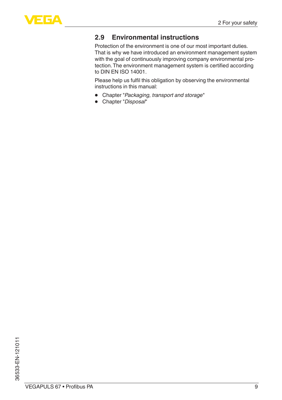 9 environmental instructions | VEGA VEGAPULS 67 (≥ 2.0.0 - ≥ 4.0.0) Profibus PA User Manual | Page 9 / 80