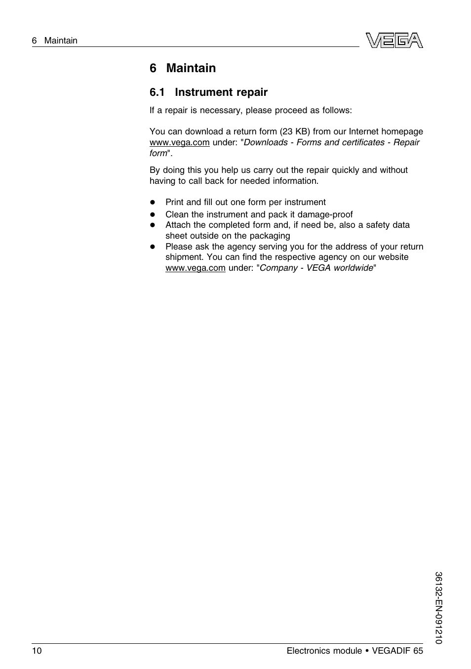 6 maintain, 1 instrument repair, 6maintain | VEGA VEGADIF 65 Electronics module User Manual | Page 10 / 16